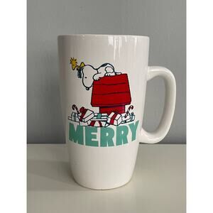 HTF Peanuts Snoopy Woodstock Merry Stoneware Coffee Mug Cup Christmas Holiday